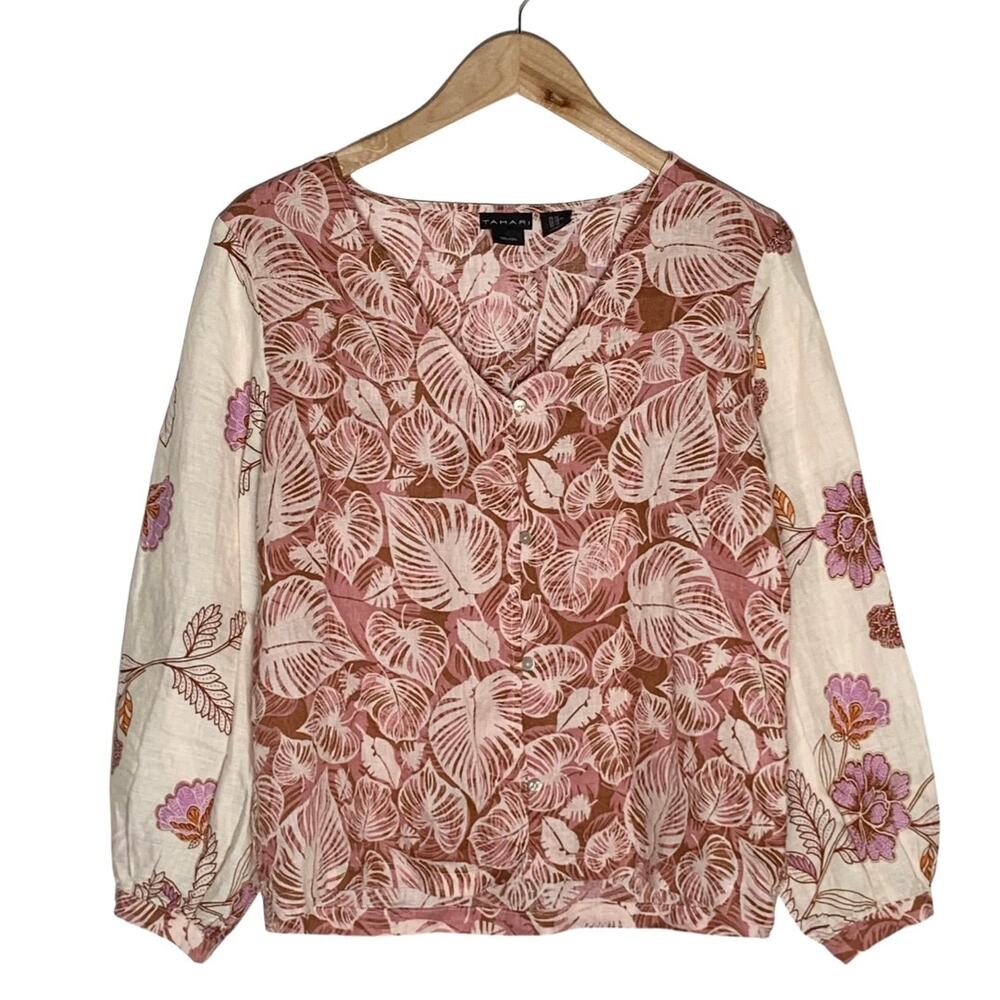 Tahari | Women | 100% Linen Bishop Sleeve Floral Leaf Print Top | Size XS